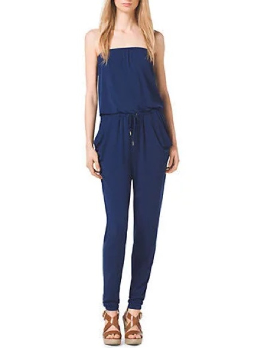 MICHAEL Michael Kors Navy Strapless Drawstring Jumpsuit